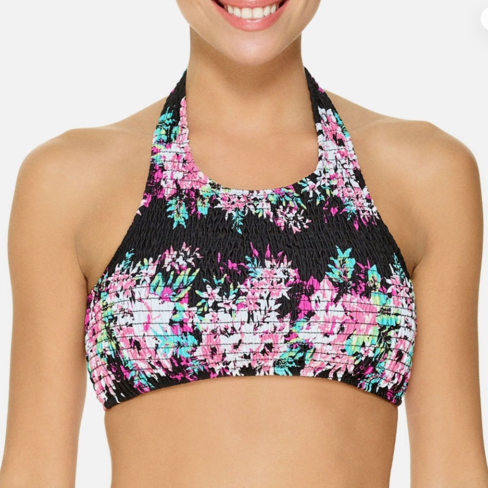 Ambrielle black floral halter swim top size large